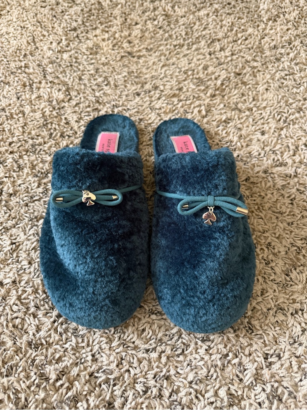 kate spade Plush Shearling Slide Slippers in Teal Blue with Bow Charm